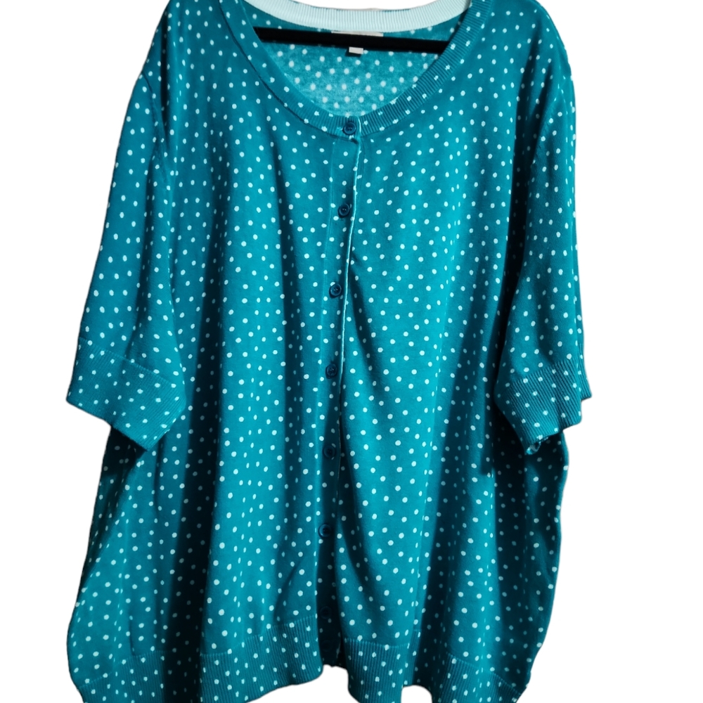 Woman within turquoise/polka dot button down cardigan short sleeve 4x(34/36)